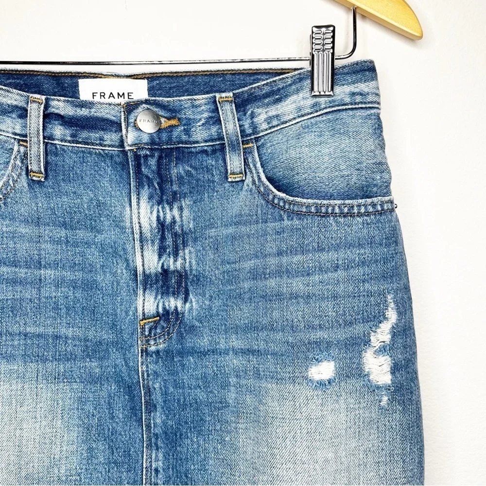 Frame Distressed Raw Hem Denim Skirt